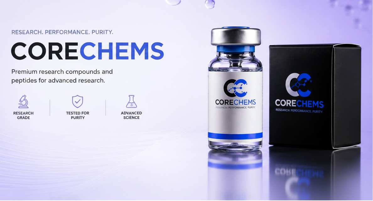 CORECHEMS research compound bottle and packaging on a purple background with molecular structures.